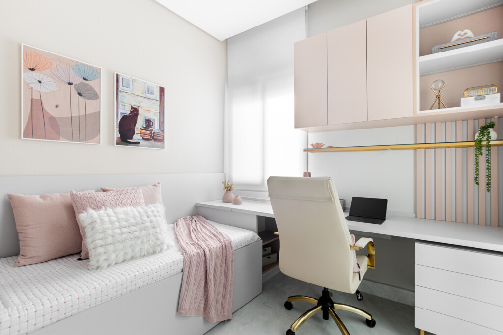 Home office, escritório e quarto de hóspede rosa na casa aconchego 